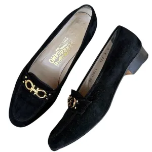 Salvatore Ferragamo Women Shoes Size 8 Gancini Black Suede Leather Loafers