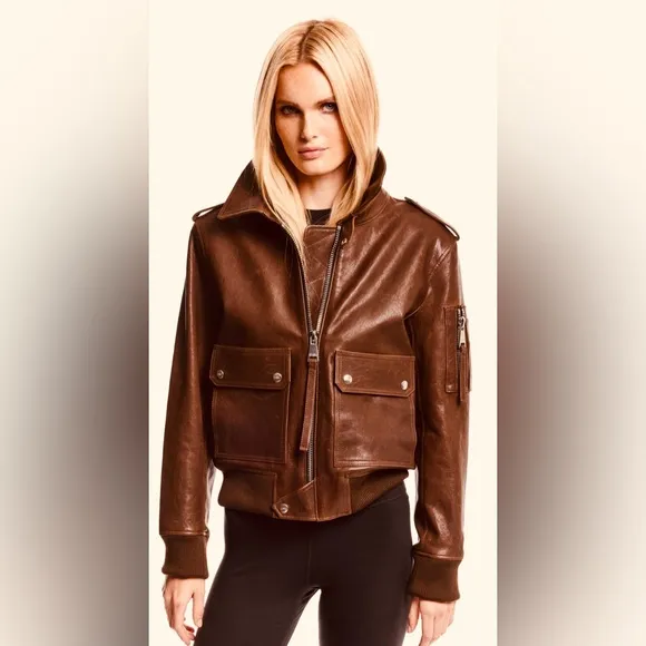SAM. aviator bomber leather jacket brown sz M