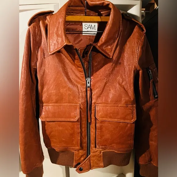 SAM. aviator bomber leather jacket brown sz M