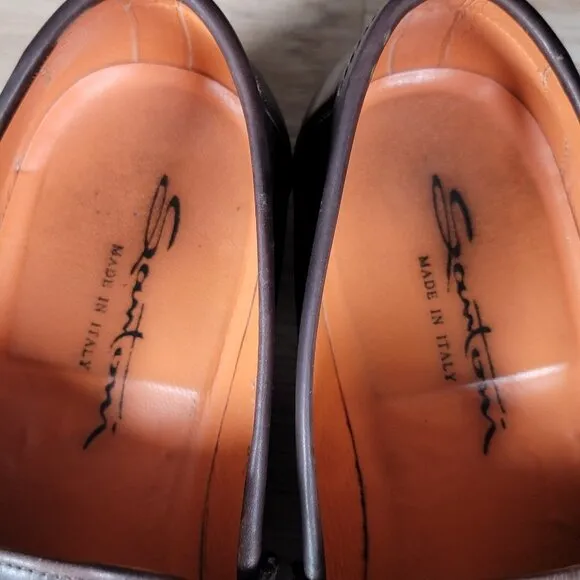 Santoni Penny Loafers Men Size 8.5 EE Extra Wide Brown Leather Shoes Italy