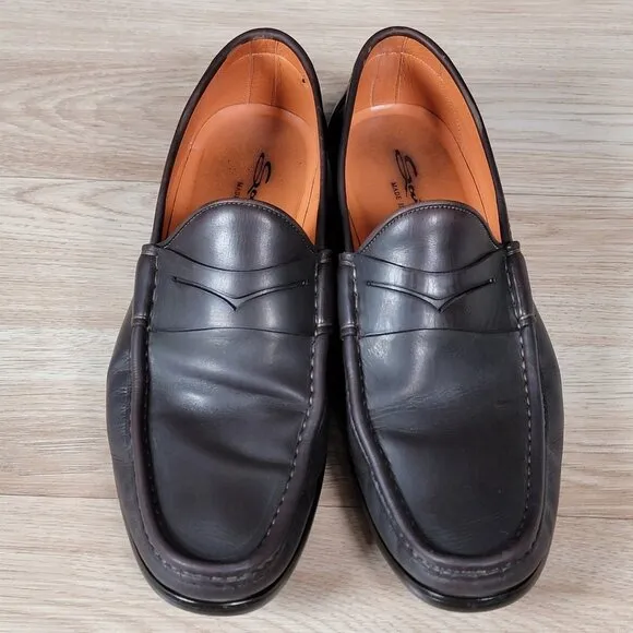 Santoni Penny Loafers Men Size 8.5 EE Extra Wide Brown Leather Shoes Italy