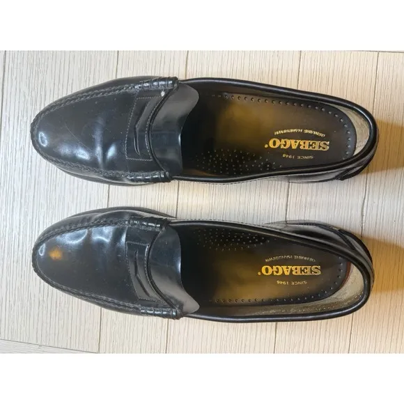 SEBAGO Men's Black Leather Penny Loafers Shoes Sz. 14D Handsewn in USA.Very Nice