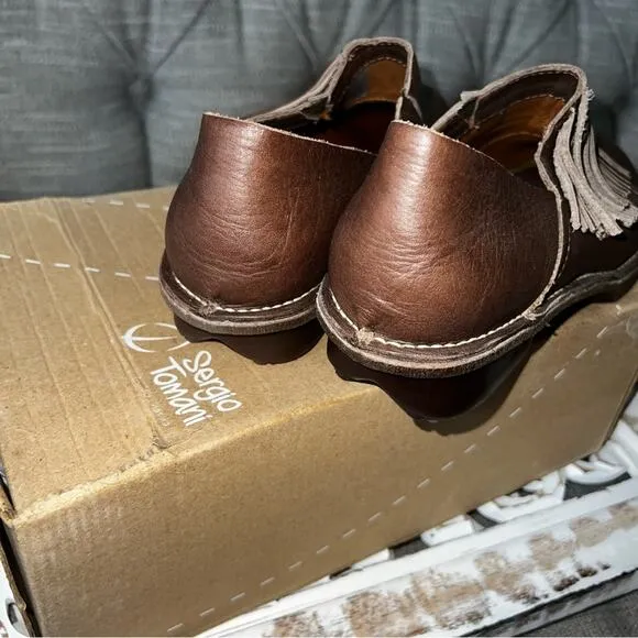 Sergio Tomani Brown Leather Fringe Loafers Shoes Women’s 40 US 9.5 NEW
