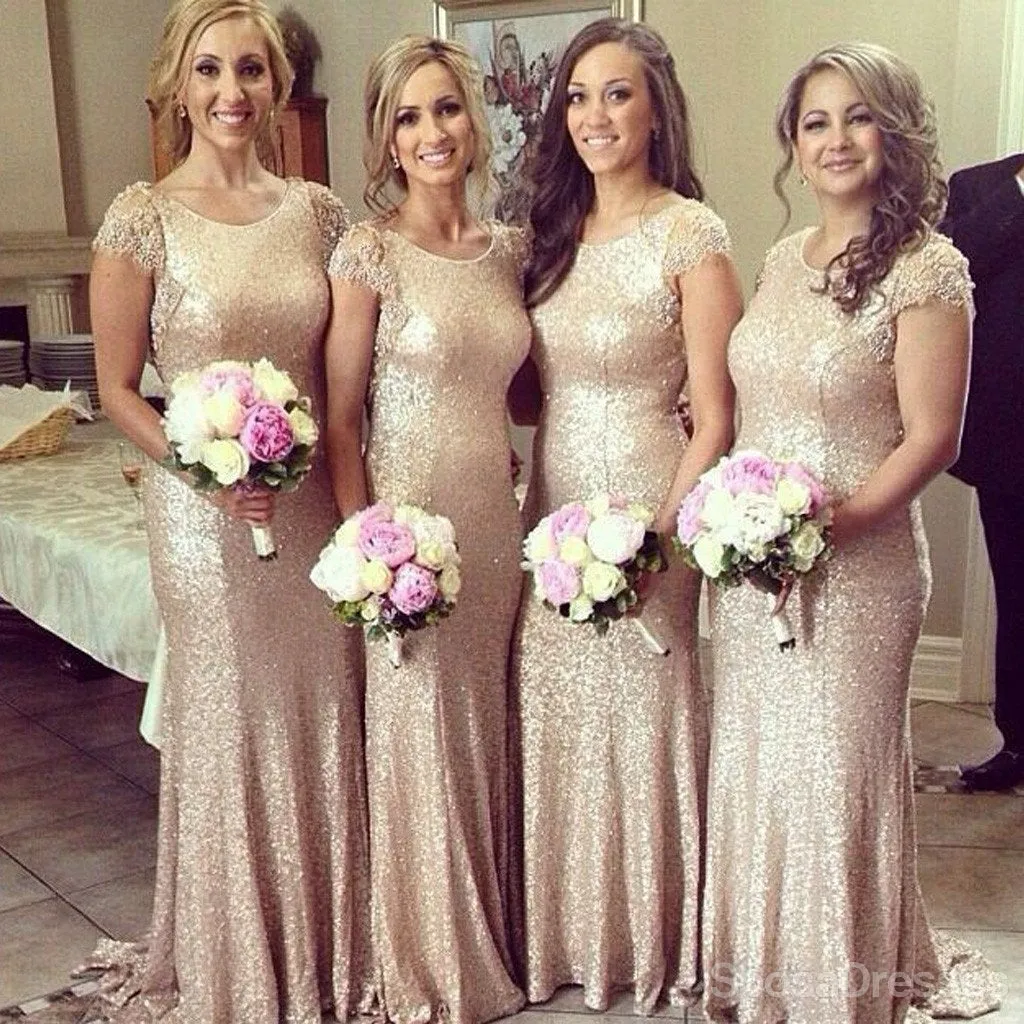 Shinning Cap Sleeve Sequin Small Round Neck Long Cheap Bridesmaid Dresses, WG160