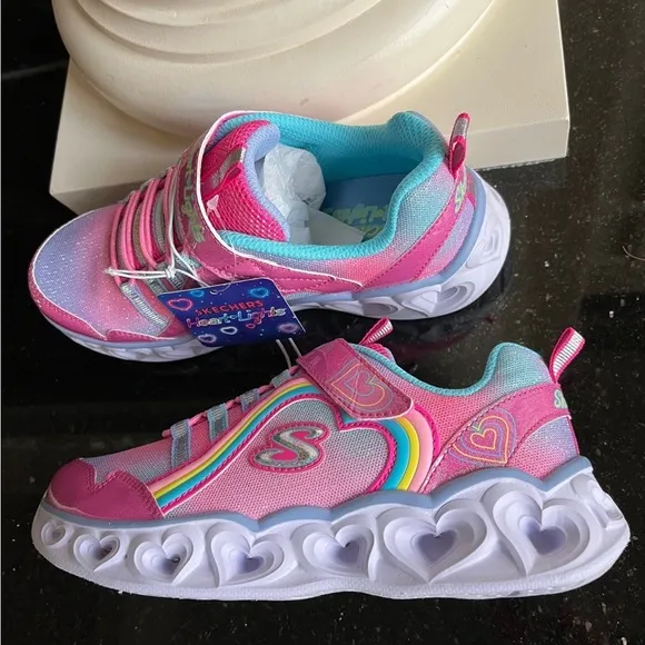 Sketchers Heart Light Up Shoes Pink Glittery Sneakers White Sole