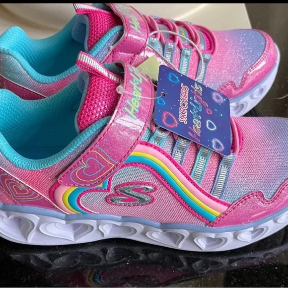 Sketchers Heart Light Up Shoes Pink Glittery Sneakers White Sole