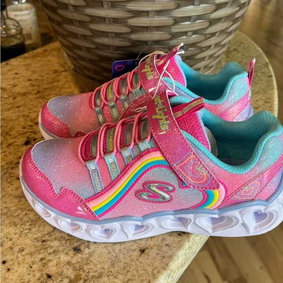 Sketchers Heart Light Up Shoes Pink Glittery Sneakers White Sole