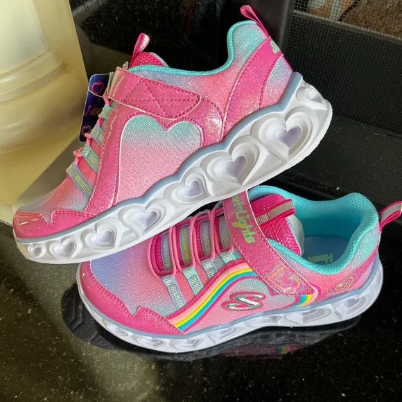 Sketchers Heart Light Up Shoes Pink Glittery Sneakers White Sole
