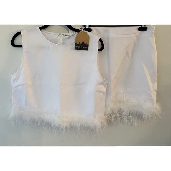 Skirt &amp; Top Set Main Strip 2 Piece White Feather Trim SizeLarge NEW Wedding Bach