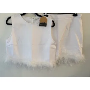 Skirt &amp; Top Set Main Strip 2 Piece White Feather Trim SizeLarge NEW Wedding Bach