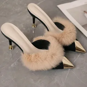 Solid Color High Heel Slide Sandals With Metal Toe Fuzzy Decor, Sweet Style