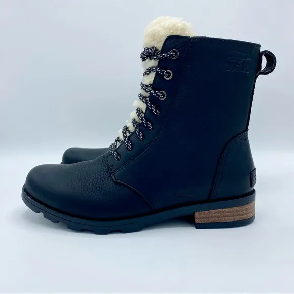 Sorel Black Emelie Genuine Shearling Short Lace-Up Boot