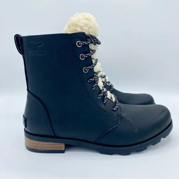 Sorel Black Emelie Genuine Shearling Short Lace-Up Boot
