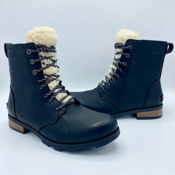 Sorel Black Emelie Genuine Shearling Short Lace-Up Boot