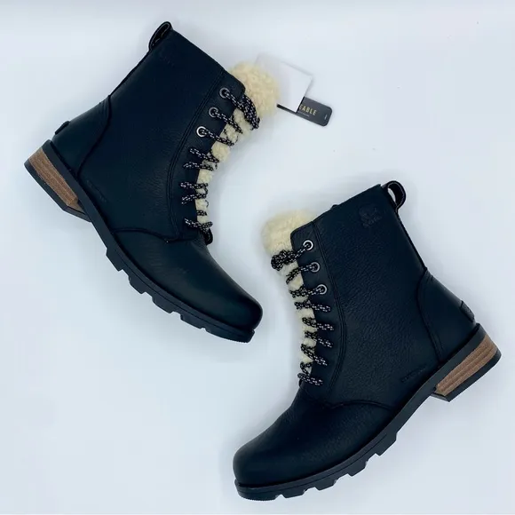 Sorel Black Emelie Genuine Shearling Short Lace-Up Boot