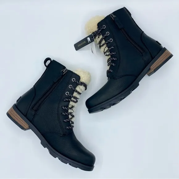 Sorel Black Emelie Genuine Shearling Short Lace-Up Boot