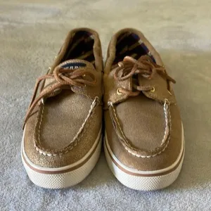 SPERRY Tan and Gold Metallic Suede Loafer Style Flat Shoes Size 6