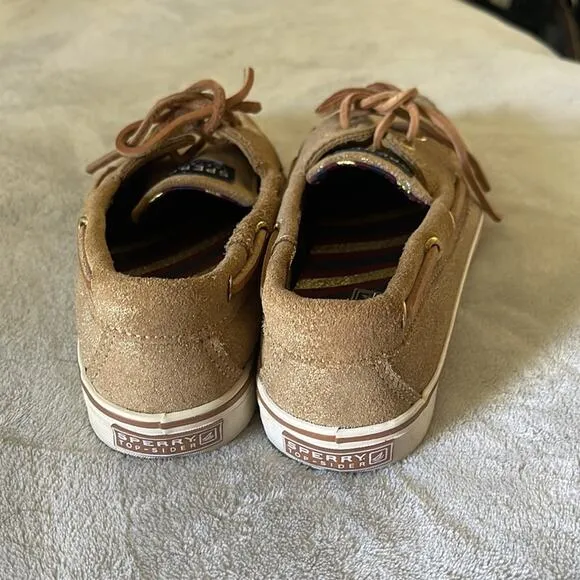 SPERRY Tan and Gold Metallic Suede Loafer Style Flat Shoes Size 6