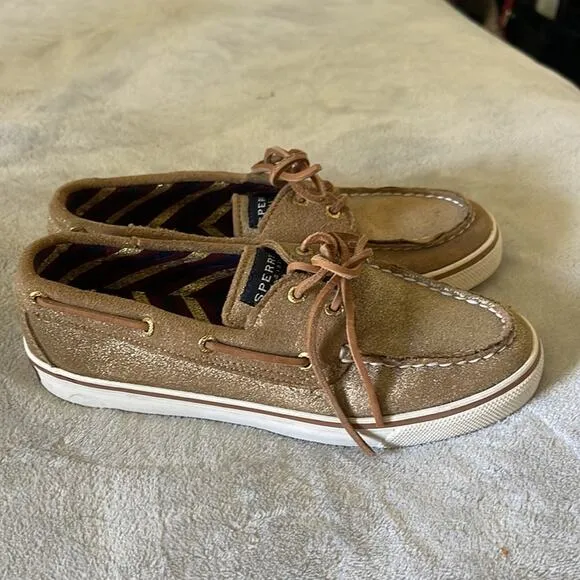 SPERRY Tan and Gold Metallic Suede Loafer Style Flat Shoes Size 6