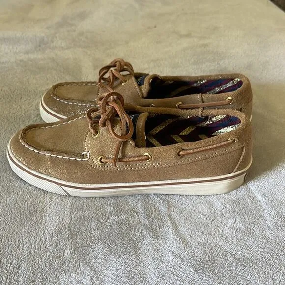 SPERRY Tan and Gold Metallic Suede Loafer Style Flat Shoes Size 6