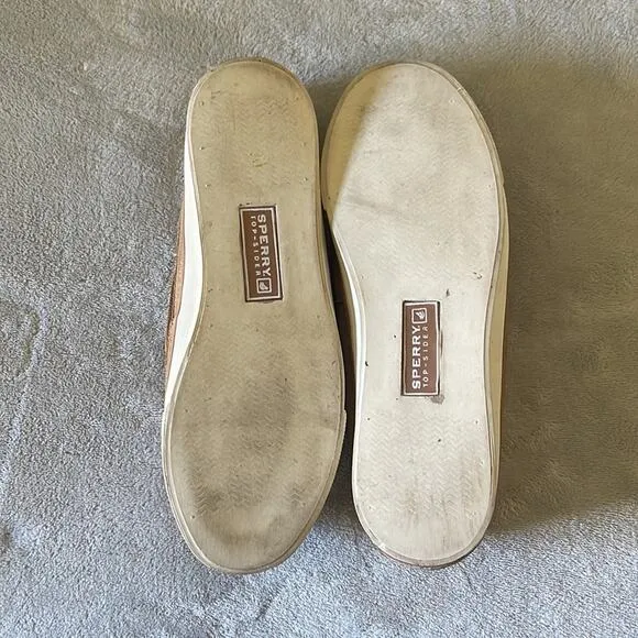 SPERRY Tan and Gold Metallic Suede Loafer Style Flat Shoes Size 6