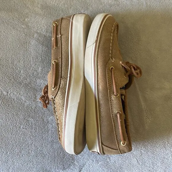 SPERRY Tan and Gold Metallic Suede Loafer Style Flat Shoes Size 6