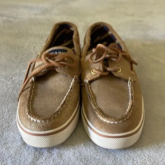 SPERRY Tan and Gold Metallic Suede Loafer Style Flat Shoes Size 6