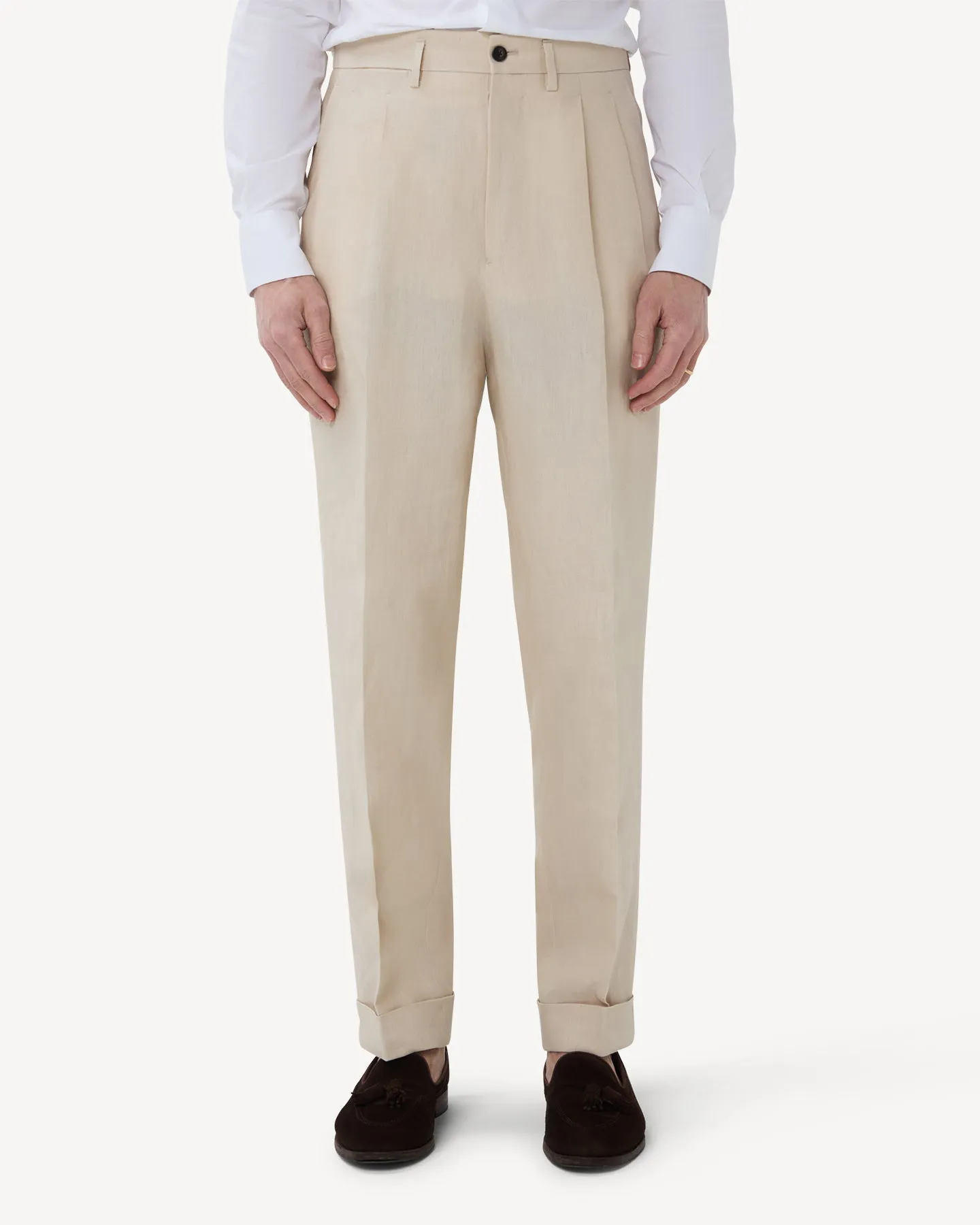 Stone Double Pleat Linen Trousers