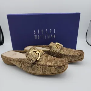 Stuart Weitzman Beltmule Suede Tan/Gold Nairobi Patch Shoes Slides $395 Spain