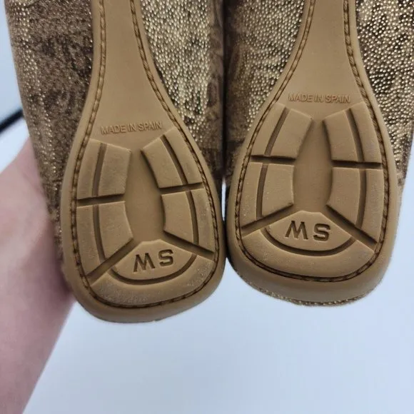 Stuart Weitzman Beltmule Suede Tan/Gold Nairobi Patch Shoes Slides $395 Spain