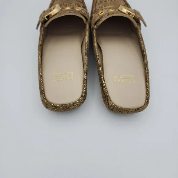 Stuart Weitzman Beltmule Suede Tan/Gold Nairobi Patch Shoes Slides $395 Spain