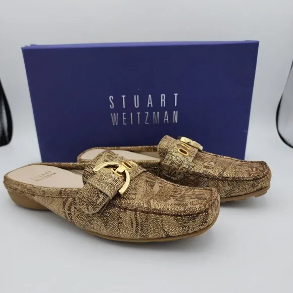 Stuart Weitzman Beltmule Suede Tan/Gold Nairobi Patch Shoes Slides $395 Spain