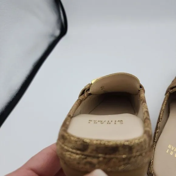 Stuart Weitzman Beltmule Suede Tan/Gold Nairobi Patch Shoes Slides $395 Spain