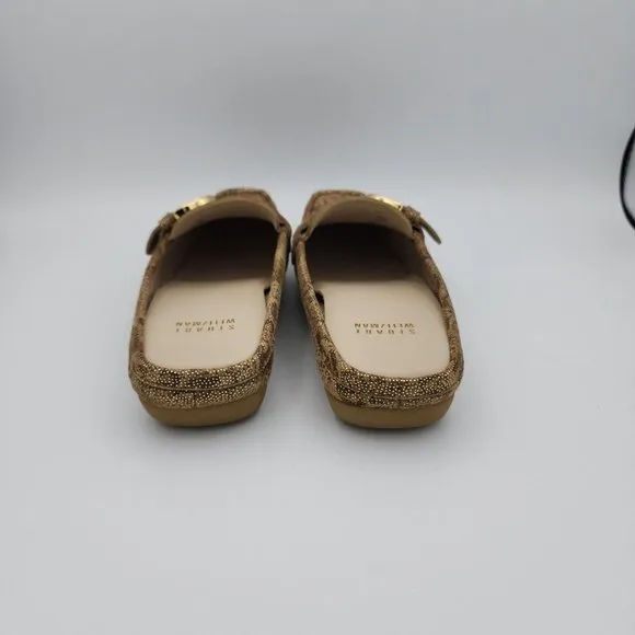 Stuart Weitzman Beltmule Suede Tan/Gold Nairobi Patch Shoes Slides $395 Spain