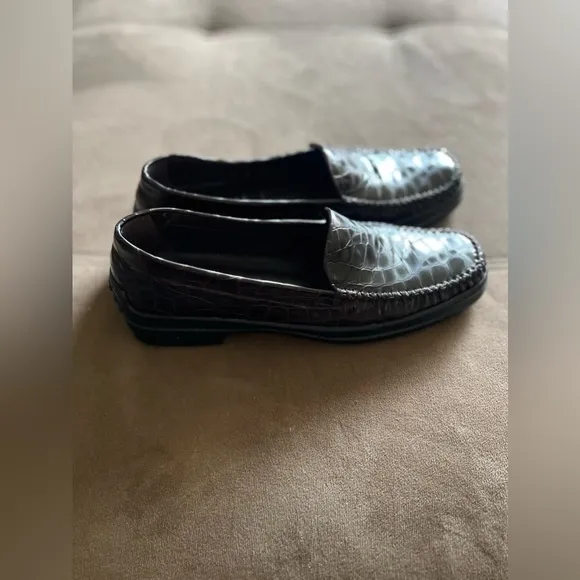Stuart Weitzman Black Alligator / Crocodile 🐊 Patent Leather Wedge Loafer Shoes