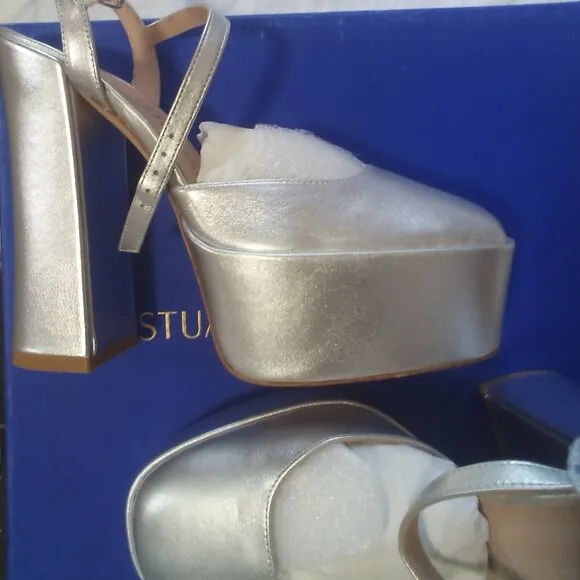 Stuart Weitzman Sky-High 145 Platform Pumps Silver Metallic (7M) (NWT)