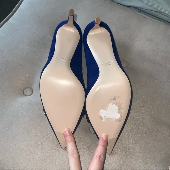 Stuart Weitzman Stanton 90 Pump Heel Sapphire Blue Suede Point Toe Metal Bow 10