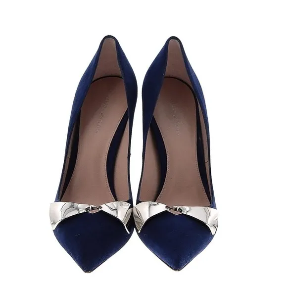 Stuart Weitzman Stanton 90 Pump Heel Sapphire Blue Suede Point Toe Metal Bow 10