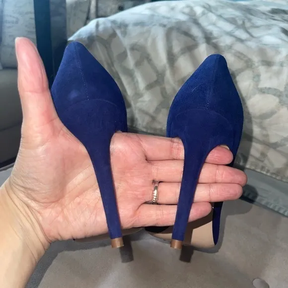 Stuart Weitzman Stanton 90 Pump Heel Sapphire Blue Suede Point Toe Metal Bow 10