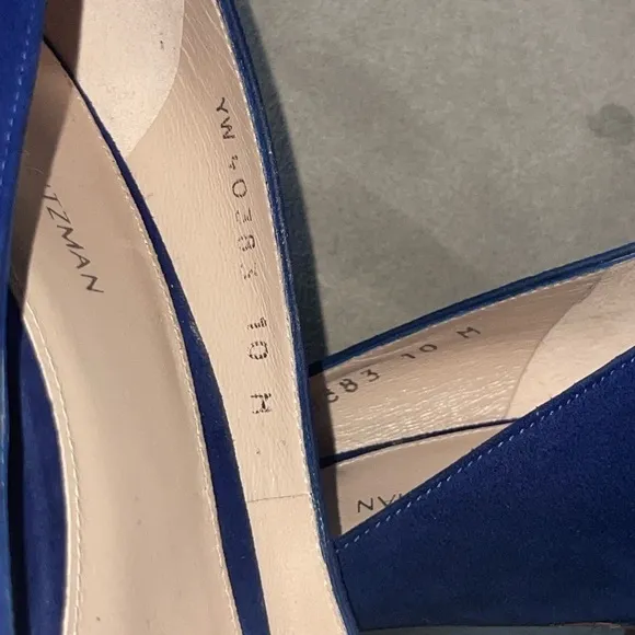 Stuart Weitzman Stanton 90 Pump Heel Sapphire Blue Suede Point Toe Metal Bow 10