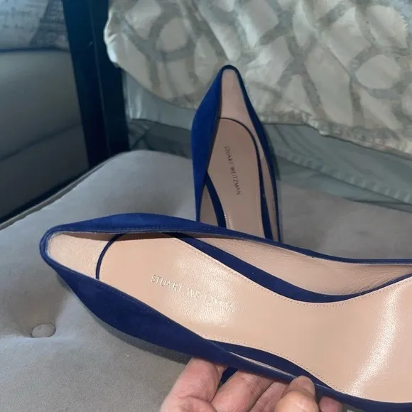 Stuart Weitzman Stanton 90 Pump Heel Sapphire Blue Suede Point Toe Metal Bow 10