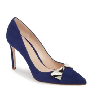 Stuart Weitzman Stanton 90 Pump Heel Sapphire Blue Suede Point Toe Metal Bow 10