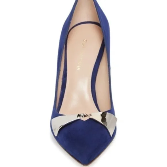 Stuart Weitzman Stanton 90 Pump Heel Sapphire Blue Suede Point Toe Metal Bow 10