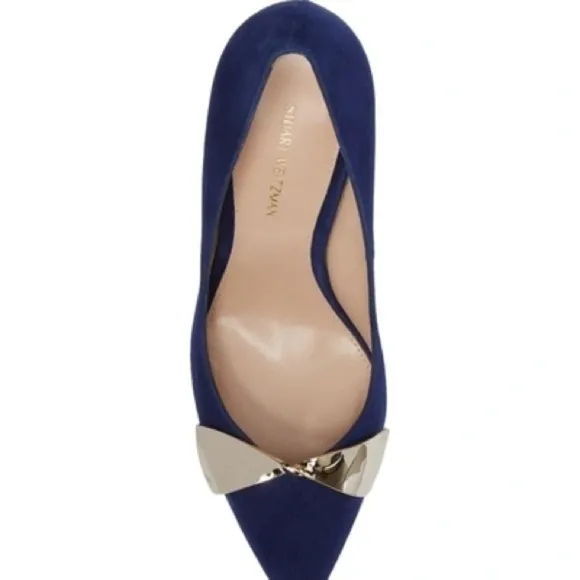 Stuart Weitzman Stanton 90 Pump Heel Sapphire Blue Suede Point Toe Metal Bow 10