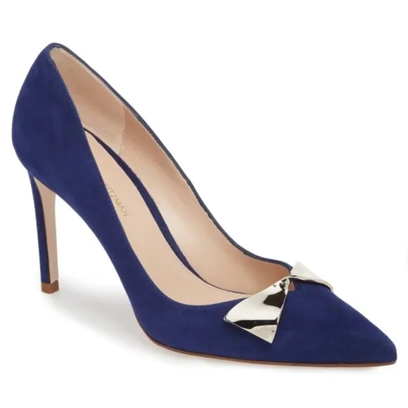 Stuart Weitzman Stanton 90 Pump Heel Sapphire Blue Suede Point Toe Metal Bow 10
