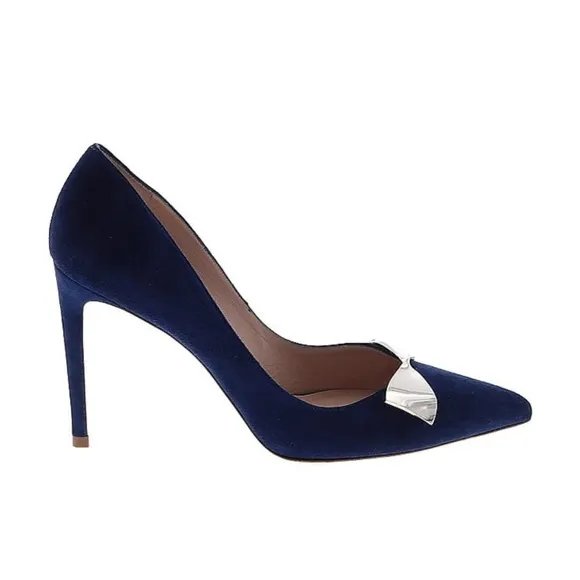Stuart Weitzman Stanton 90 Pump Heel Sapphire Blue Suede Point Toe Metal Bow 10