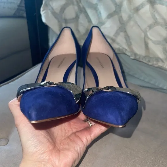 Stuart Weitzman Stanton 90 Pump Heel Sapphire Blue Suede Point Toe Metal Bow 10