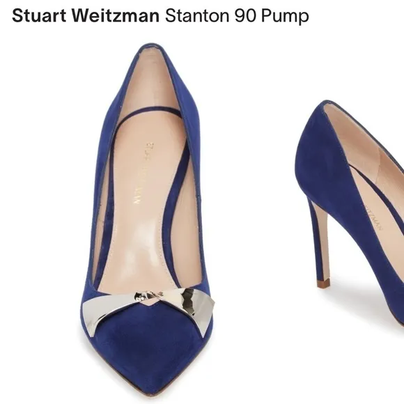 Stuart Weitzman Stanton 90 Pump Heel Sapphire Blue Suede Point Toe Metal Bow 10