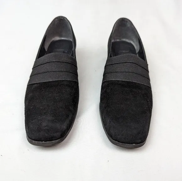 STUART WEITZMAN sz. 7.5 Gorham Chunk Heel Pump Shoes Suede Black Y2K 90s Vintage