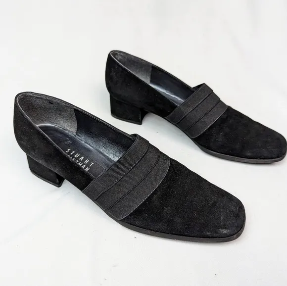 STUART WEITZMAN sz. 7.5 Gorham Chunk Heel Pump Shoes Suede Black Y2K 90s Vintage